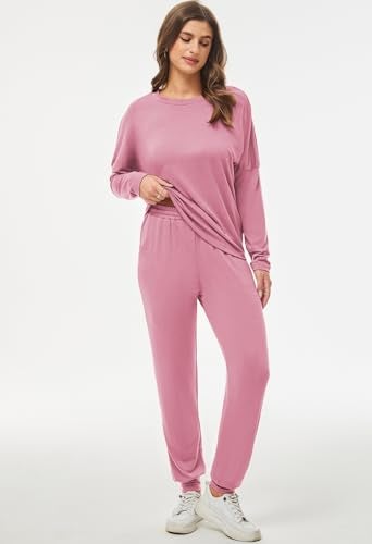Fixmatti Women Two Piece Outfits Long Sleeve Sweatshirts and Sweatpants Matching Set with Pocket Pink XL - Image 4