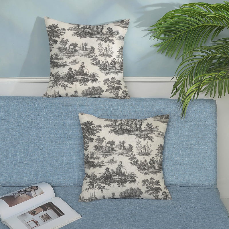 GOLIANDA French Country Pillow Covers 18x18 Set of 2 Vintage Black Grey Toile Throw Pillows Outdoor French Country Decorative Pillow Cases Rustic Cottage Farmhouse Cushion Case for Couch Sofa Decor - Image 3