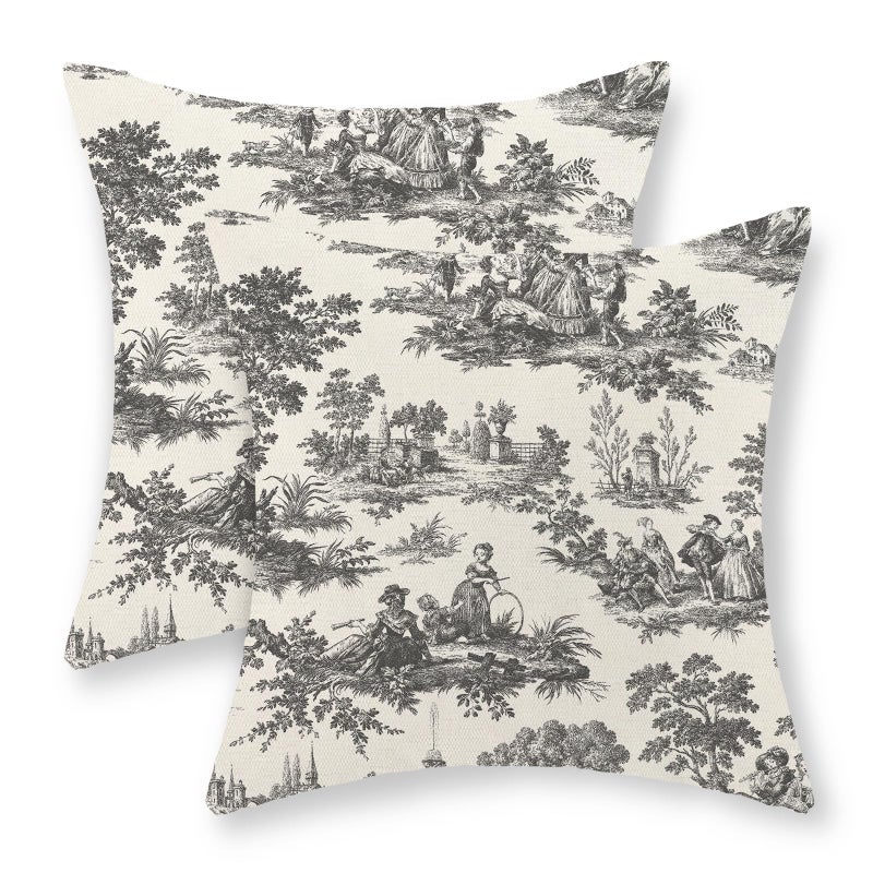 GOLIANDA French Country Pillow Covers 18x18 Set of 2 Vintage Black Grey Toile Throw Pillows Outdoor French Country Decorative Pillow Cases Rustic Cottage Farmhouse Cushion Case for Couch Sofa Decor - Image 1