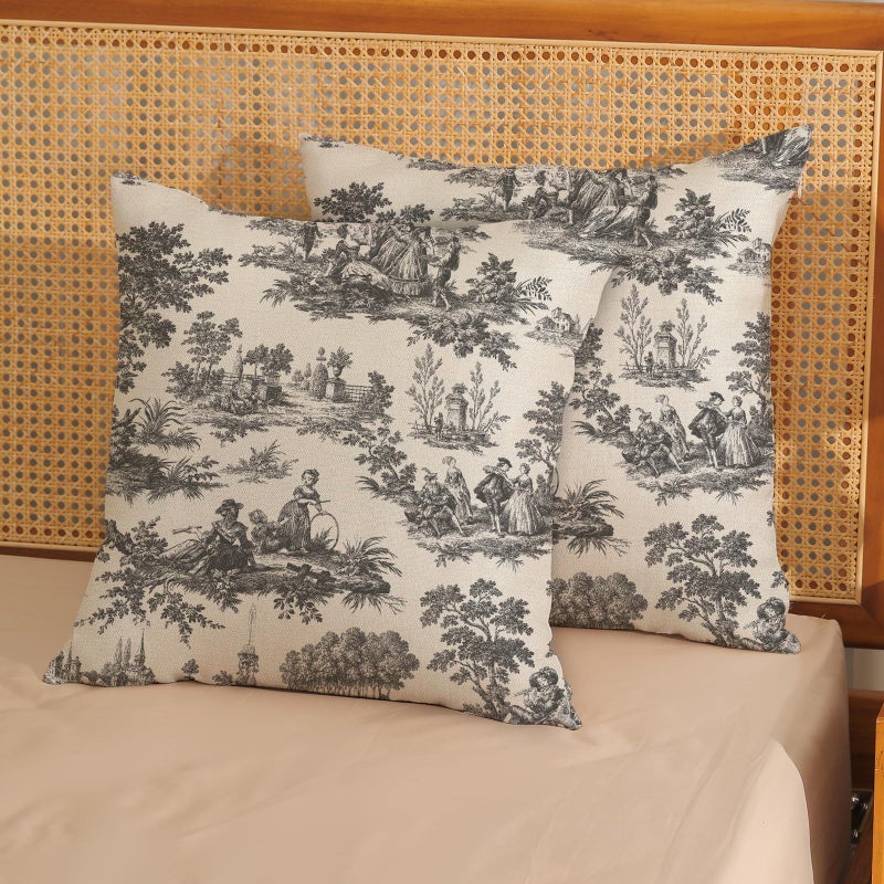 GOLIANDA French Country Pillow Covers 18x18 Set of 2 Vintage Black Grey Toile Throw Pillows Outdoor French Country Decorative Pillow Cases Rustic Cottage Farmhouse Cushion Case for Couch Sofa Decor - Image 2