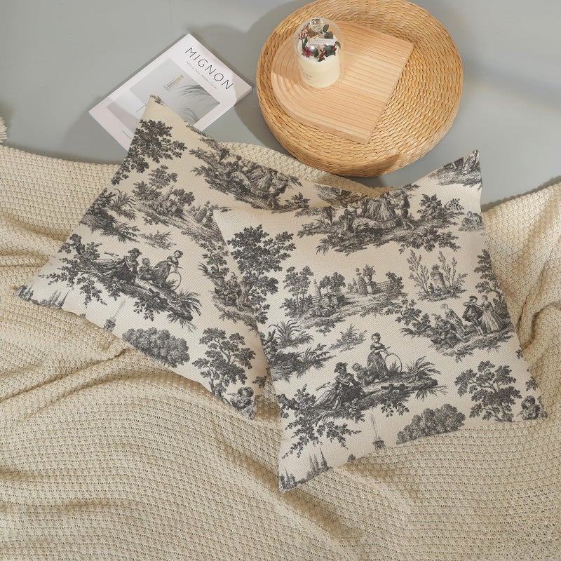 GOLIANDA French Country Pillow Covers 18x18 Set of 2 Vintage Black Grey Toile Throw Pillows Outdoor French Country Decorative Pillow Cases Rustic Cottage Farmhouse Cushion Case for Couch Sofa Decor - Image 5