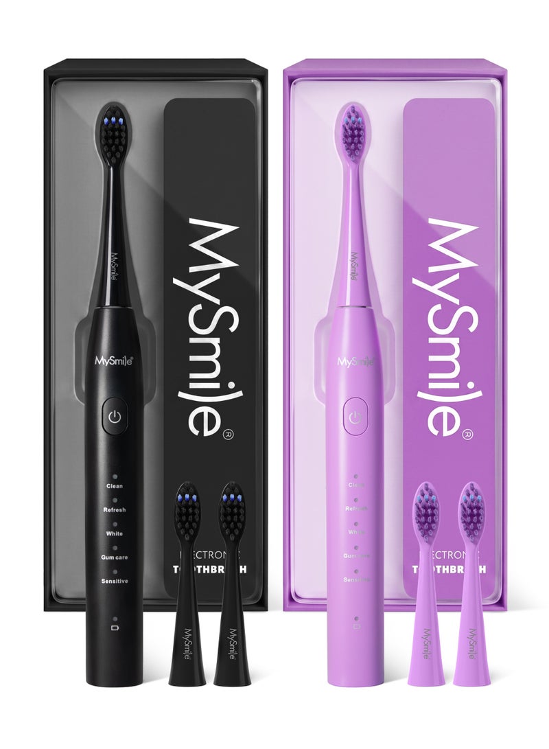 MySmile DY156 Electric Toothbrush for Adults, Rechargeable Sonic Battery Toothbrush Portable with 3 Brush Heads, 2 Mins 5 Modes Smart Timer, 45000VPM, One Charge for 60 Days (Black, M) & MySmile DY156 Electric Toothbrush for Adults, Rechargeable Sonic Battery Toothbrush Portable with 3 Brush Heads, 2 Mins 5 Modes Smart Timer, 45000VPM, One Charge for 60 Days (Purple, M) Bundle - Image 1
