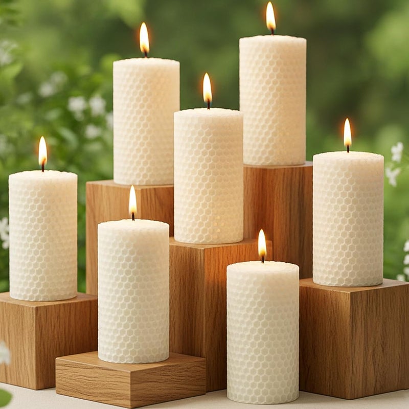 MOSROAD 8 Packs White Hand-Rolled Beeswax Candles, 2x4 Inch White Honeycomb Pillar Candle, 15 Hour Burn Time Ivory Handcrafted Bees Wax Candles for Gift Choice, Candle Lovers, Home Decor - Image 1