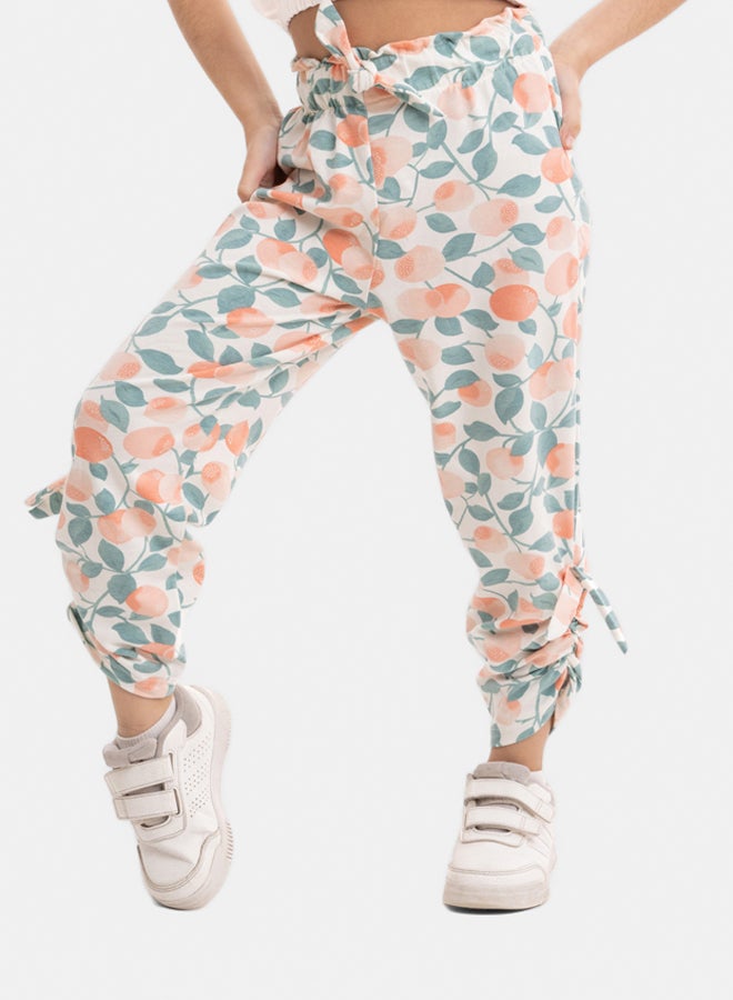 Girls White Pants with Elastic Waist and All Over Print