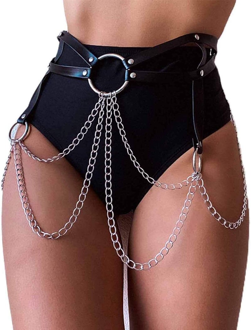 REETAN Rave Waist Chain Belt Punk Black Leather Body Accessories for Women - Image 1
