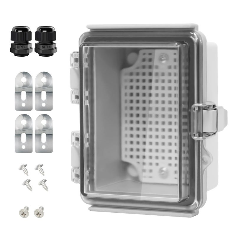 LeMotech Electrical Box IP67 Waterproof Hinged Clear Cover Stainless Steel Latch Junction Box ABS Plastic Electrical Enclosure with Mounting PlateWall Brackets Cable Glands47x35x27Grey