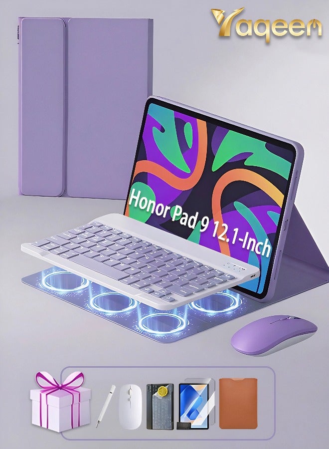 Yaqeen Honor Pad 9 12.1-Inch Case, Detachable Bluetooth Keyboard Case Anti-Fall Shockproof , Pad 9 Cover Built-In Pen Slot /Flip-Top Smart Wake-Up-Off/AED 89 Gift Set Screen Protector/ Keyboard Defender/Writing Pen/Leather Case-Purple - Image 1