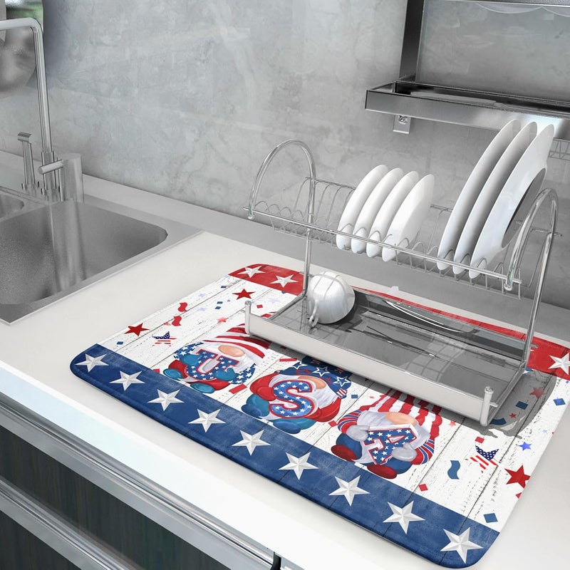 Giwawa 4th of July Gnomes Dish Drying Mat 18x24 inch Patriotic Elf Usa Stars Dish Drainer Mats Independece Day Large Microfiber Dish Drying Pad for Kitchen Countertop Holiday Decor - Image 5