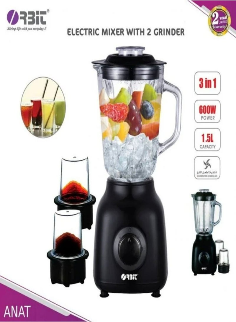 ORBIT 3 in 1 Electric Mixer With 2 Grinder 1500ML 600W
