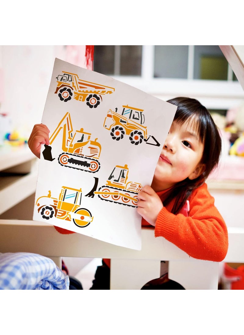 FINGERINSPIRE FINGERINSPIRE 12 Pcs Construction Vehicle Stencils 7.9x7.9 inch Reusable Truck Stencils Plastic Forklifts Excavators Cranes Mixers Pattern Stencil  - Image 5