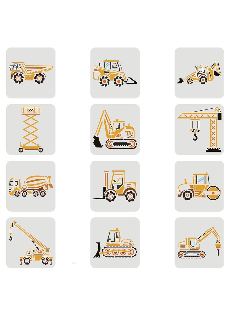 FINGERINSPIRE FINGERINSPIRE 12 Pcs Construction Vehicle Stencils 7.9x7.9 inch Reusable Truck Stencils Plastic Forklifts Excavators Cranes Mixers Pattern Stencil  - Image 1