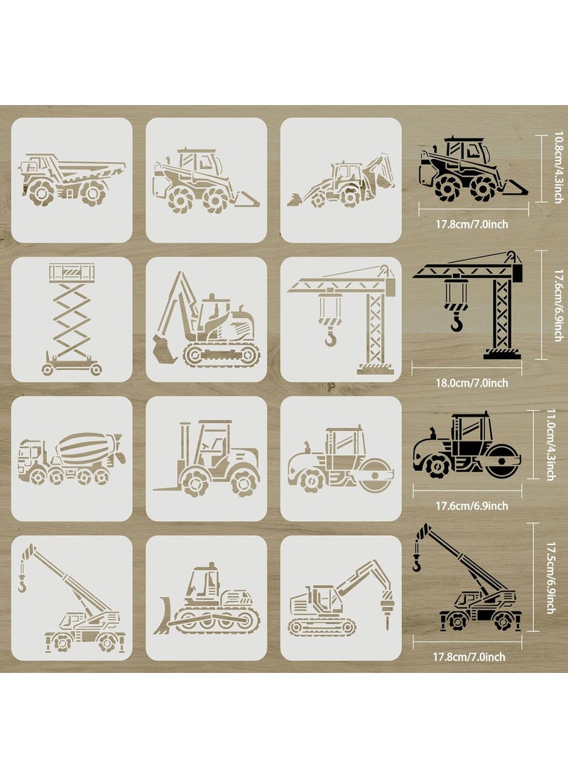 FINGERINSPIRE FINGERINSPIRE 12 Pcs Construction Vehicle Stencils 7.9x7.9 inch Reusable Truck Stencils Plastic Forklifts Excavators Cranes Mixers Pattern Stencil  - Image 2