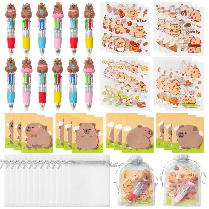 CY2SIDE Capy Stationery Party Gift 24 Pack Birthday Gift Set with Fun Animal 4in1 Ballpoint Pen Sticky Note Sticker and Organza Capy Party Favor Goodie Bag Fillers for School Rewards - Image 2