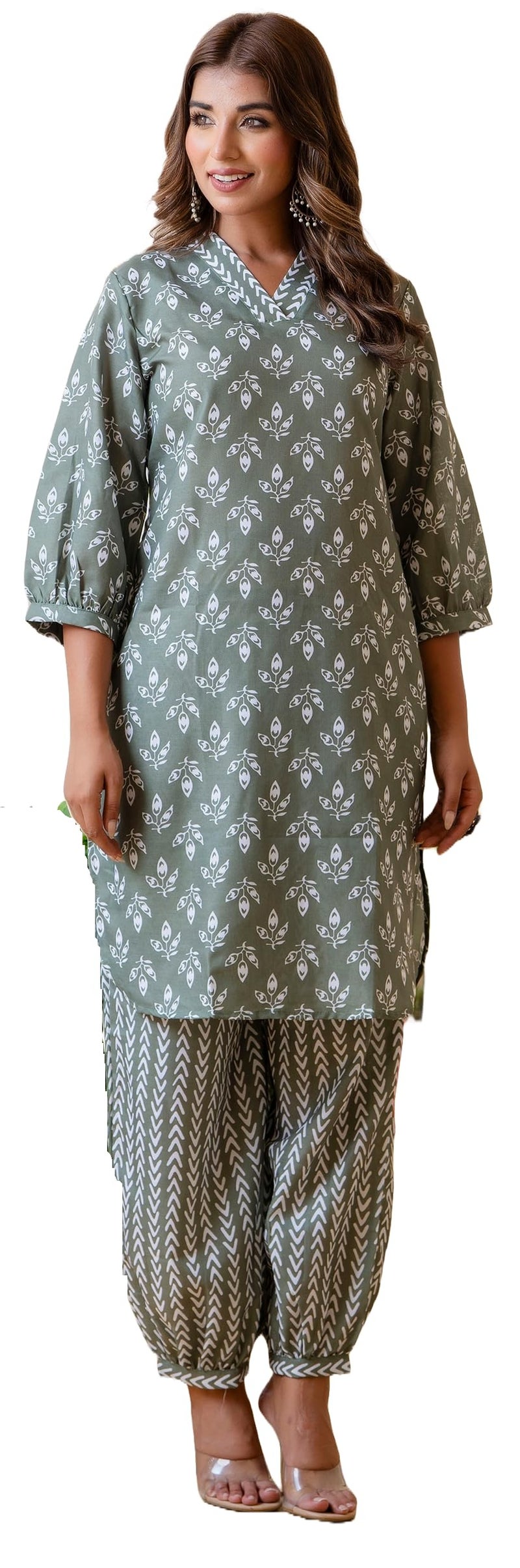 LookMark Women's Latest Printed Cotton Blend Straight Kurta and Afghani Pant Set Perfect for Casual and Office Wear (AZ-LM-P1-KS2070 Green-M) - Image 1