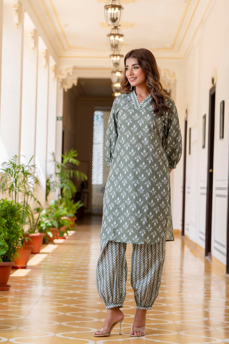 LookMark Women's Latest Printed Cotton Blend Straight Kurta and Afghani Pant Set Perfect for Casual and Office Wear (AZ-LM-P1-KS2070 Green-M) - Image 4