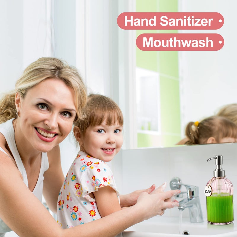 MOCLIF 16OZ Fashion Stripe Clear Glass Refillable Soap Dispenser with 304 Stainless Steel Pump Premium Soap Dispenserï¼Œ for Kitchen, Bathroom, Hand Sanitizer, Liquid Soap, Lotion, etc. (Clear Pink) - Image 3