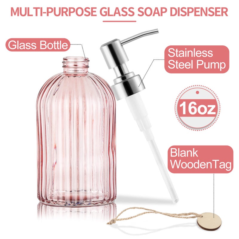 MOCLIF 16OZ Fashion Stripe Clear Glass Refillable Soap Dispenser with 304 Stainless Steel Pump Premium Soap Dispenserï¼Œ for Kitchen, Bathroom, Hand Sanitizer, Liquid Soap, Lotion, etc. (Clear Pink) - Image 2