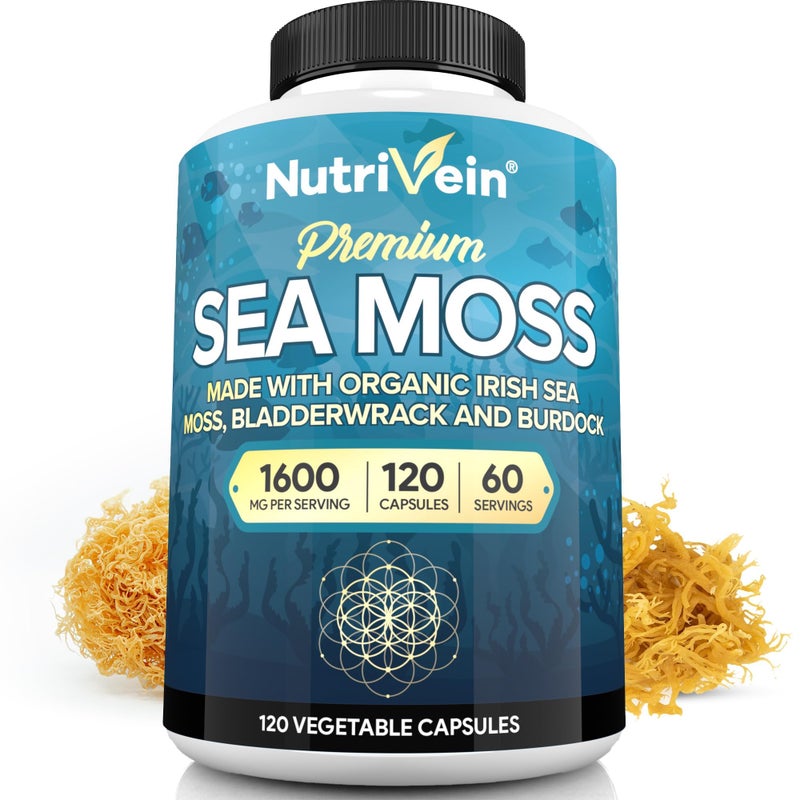 Nutrivein Organic Sea Moss 1600mg Plus Bladderwrack Burdock 120 Capsules Prebiotic Super Food Boosts The Immune System Digestive Health Thyroid Healthy Skin Keto Detox Gut Joint Support