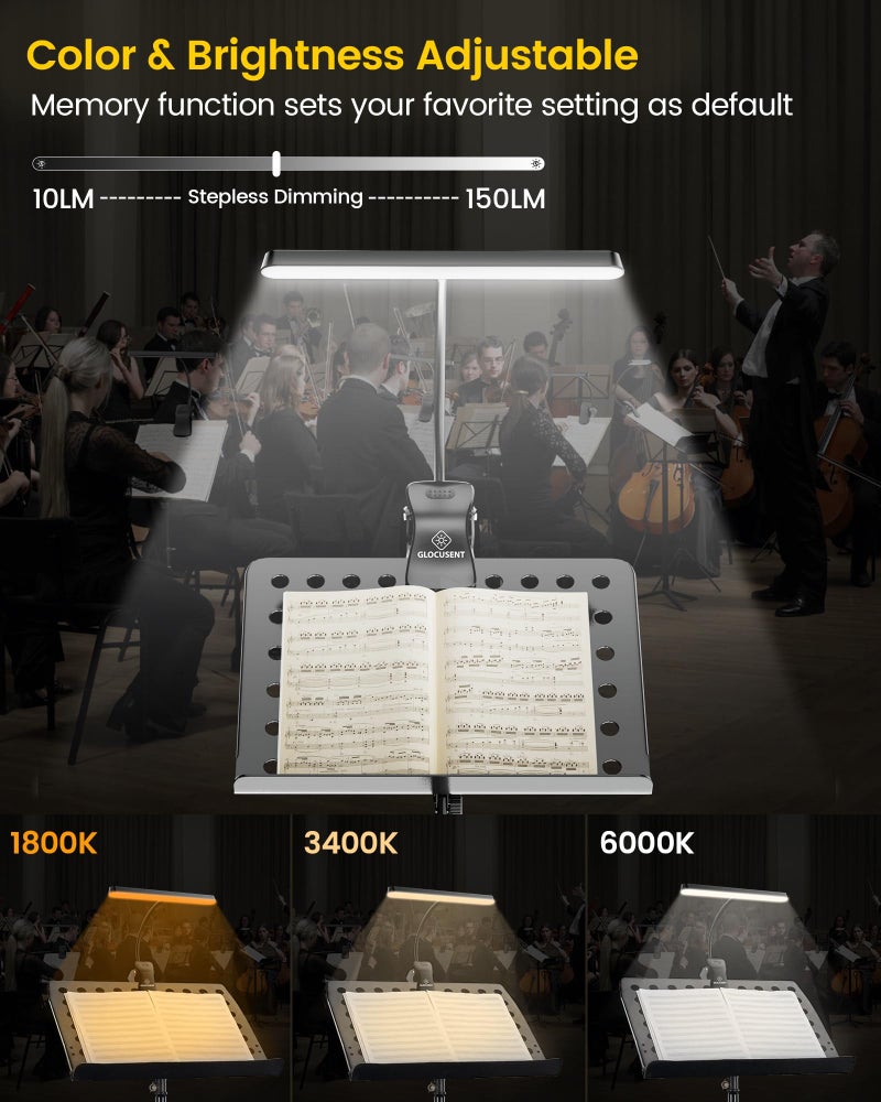 Glocusent Music Stand Light: 57 LED Super Bright Piano Light with EVA Carrying Case, 3 Color & 5 Brightness, Rechargeable & 140-Hr Long Lasting, Perfect for The Piano, Sheet Music - Image 3