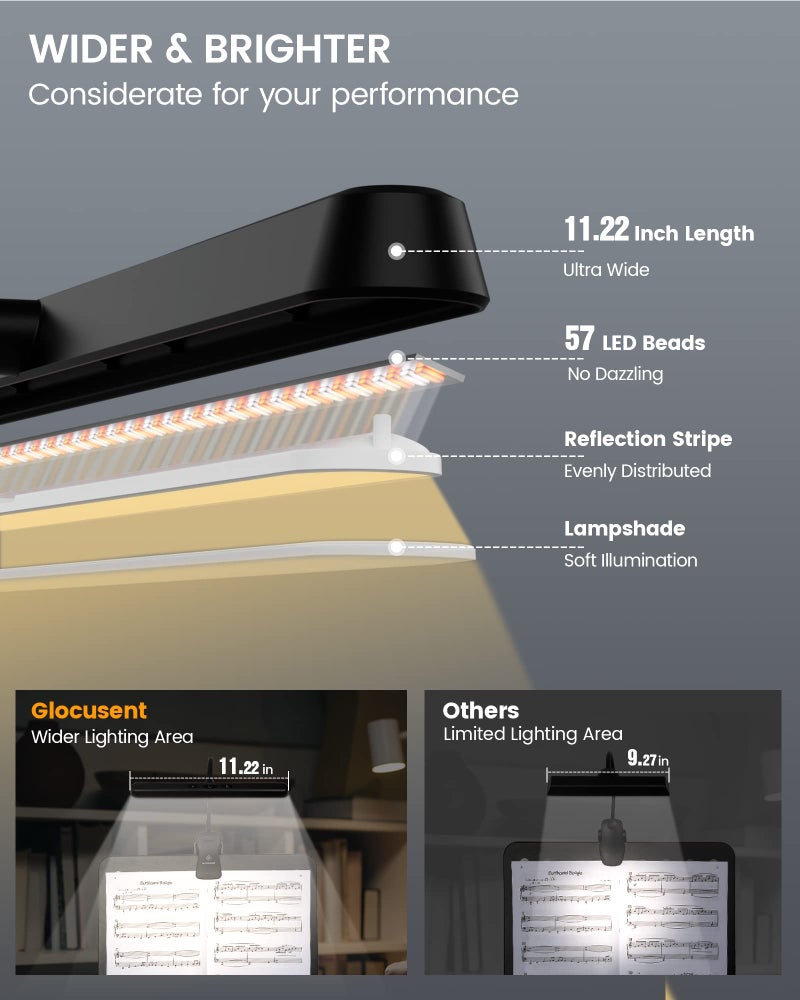 Glocusent Music Stand Light: 57 LED Super Bright Piano Light with EVA Carrying Case, 3 Color & 5 Brightness, Rechargeable & 140-Hr Long Lasting, Perfect for The Piano, Sheet Music - Image 2