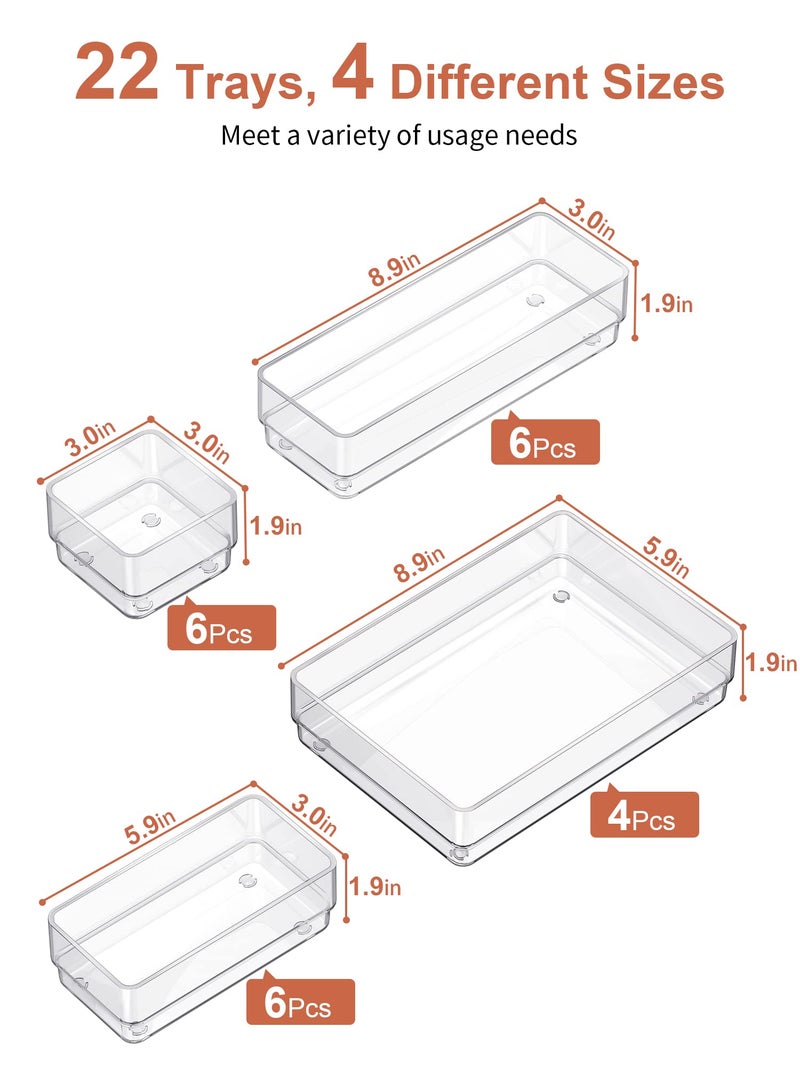 SMARTAKE 22-Piece Drawer Organizer with Non-Slip Silicone Pads, 4-Size Clear Desk Drawer Organizer Trays Storage Tray for Makeup, Jewelries, Utensils in Bedroom Dresser, Office and Kitchen, Clear - Image 2
