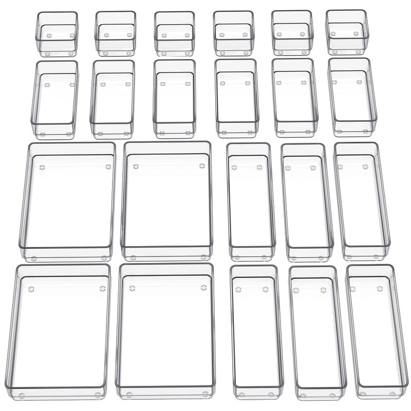 SMARTAKE 22-Piece Drawer Organizer with Non-Slip Silicone Pads, 4-Size Clear Desk Drawer Organizer Trays Storage Tray for Makeup, Jewelries, Utensils in Bedroom Dresser, Office and Kitchen, Clear - Image 1