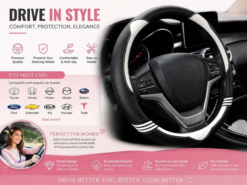acdiac Cat Steering Wheel Cover for Women Girl Universal Microfiber Leather car Steering Wheel Covers 15 inch Anti-Slip auto Interior Accessories (B White) - Image 5