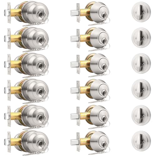 Probrico 6 Pack of Round Ball Front Door Knob and Single Cylinder Deadbolt Combo Sets, Satin Nickel, Keyed Alike - Image 1