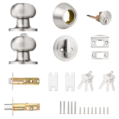 Probrico 6 Pack of Round Ball Front Door Knob and Single Cylinder Deadbolt Combo Sets, Satin Nickel, Keyed Alike - Image 5