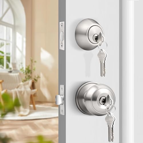 Probrico 6 Pack of Round Ball Front Door Knob and Single Cylinder Deadbolt Combo Sets, Satin Nickel, Keyed Alike - Image 2