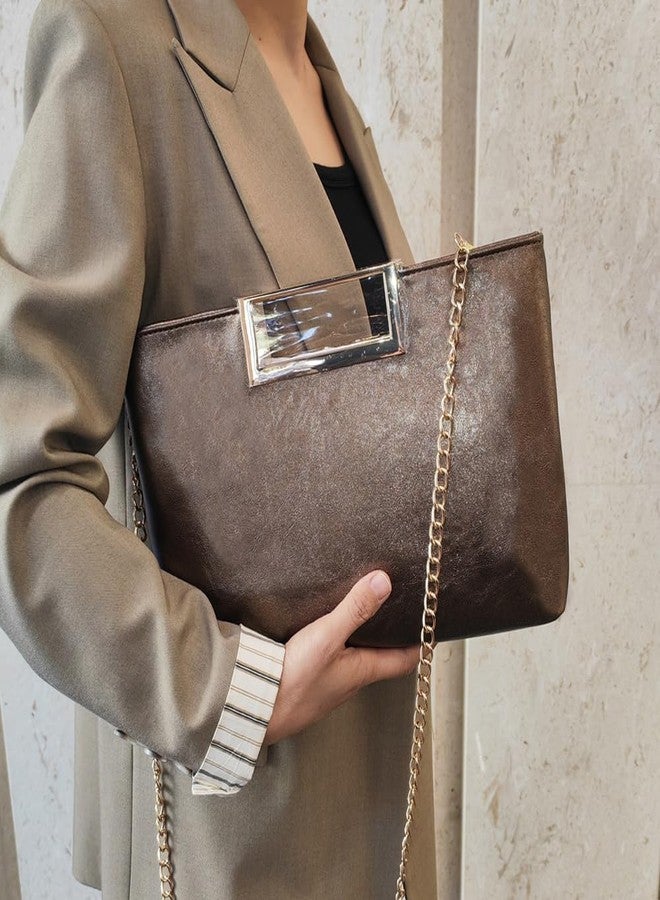 NIGEDU Women Clutch Purse PU Leather Chain Crossbody Bags Shiny Oversize Clutches Female Handbag Purses (Bronze) - Image 2