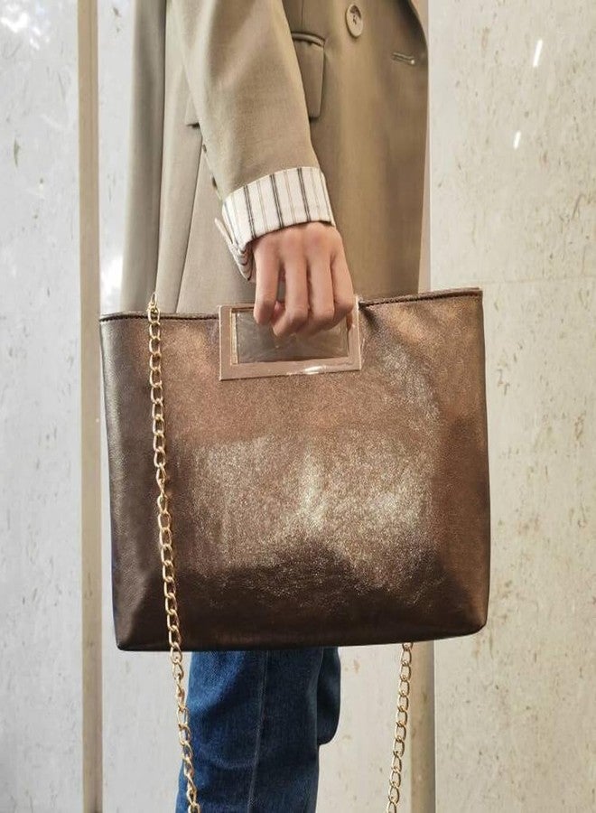 NIGEDU Women Clutch Purse PU Leather Chain Crossbody Bags Shiny Oversize Clutches Female Handbag Purses (Bronze) - Image 3