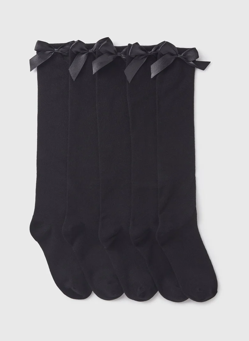 Matalan 5 Pack Girls Black Knee High Bow Socks