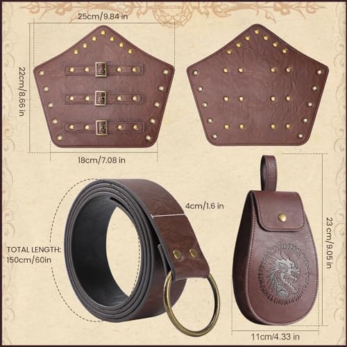 Berenlu إكسسوارات عصر النهضة 3 قطع من بيرينلو، حزام الفايكنج، حزام العصور الوسطى، حقيبة حزام جلدية وأساور جلدية، عزز تجربة تنكر عيد الهالوين الخاص بك مع إكسسوارات العصور الوسطى (بني) - Image 2