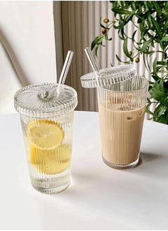 ShebSheb Simple Vertical Stripes Water Glasses with Lid and Straw, Wide Mouth Drinking Glasses  - Image 1