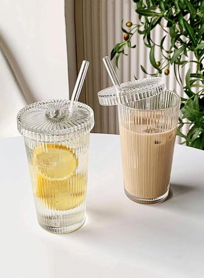 ShebSheb Simple Vertical Stripes Water Glasses with Lid and Straw, Wide Mouth Drinking Glasses - Image 1