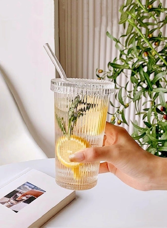 ShebSheb Simple Vertical Stripes Water Glasses with Lid and Straw, Wide Mouth Drinking Glasses - Image 2
