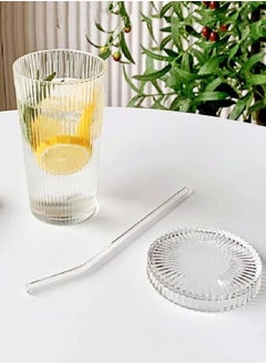 ShebSheb Simple Vertical Stripes Water Glasses with Lid and Straw, Wide Mouth Drinking Glasses  - Image 3