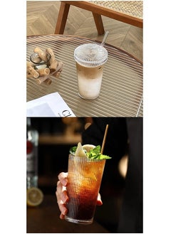 ShebSheb Simple Vertical Stripes Water Glasses with Lid and Straw, Wide Mouth Drinking Glasses  - Image 4
