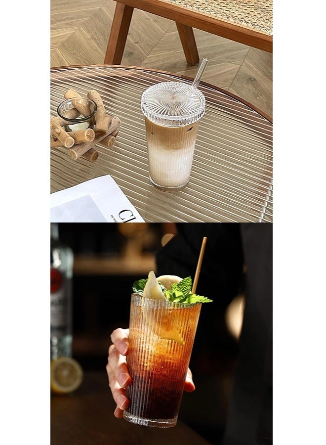 ShebSheb Simple Vertical Stripes Water Glasses with Lid and Straw, Wide Mouth Drinking Glasses - Image 4
