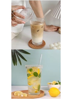 ShebSheb Simple Vertical Stripes Water Glasses with Lid and Straw, Wide Mouth Drinking Glasses  - Image 5