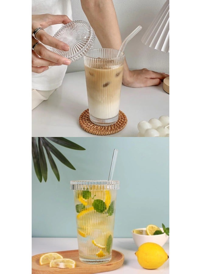 ShebSheb Simple Vertical Stripes Water Glasses with Lid and Straw, Wide Mouth Drinking Glasses - Image 5