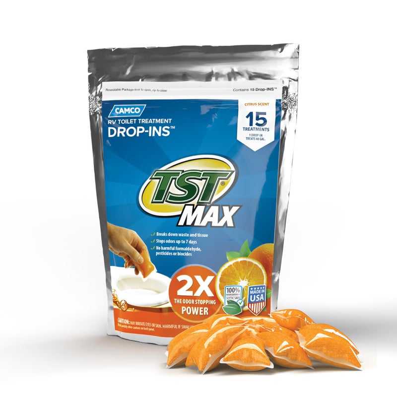 Camco TST MAX RV Toilet Treatment DropINs Control Unwanted Odors and Break Down Waste and Tissue Safe Septic Tank Treatment Orange Scent 15Pack 41189 - Image 3