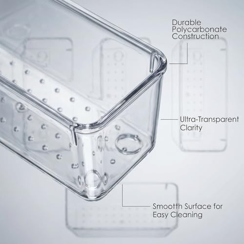 Zeinwap Desk Drawer Organizers Trays Set Clear Plastic Storage Bins Bathroom Drawer Tray Dividers Vanity for Bedroom Dresser Makeup Kitchen Utensil Office(4 Pc Long Med Tray), Transparent - Image 3