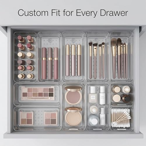 Zeinwap Desk Drawer Organizers Trays Set Clear Plastic Storage Bins Bathroom Drawer Tray Dividers Vanity for Bedroom Dresser Makeup Kitchen Utensil Office(4 Pc Long Med Tray), Transparent - Image 4