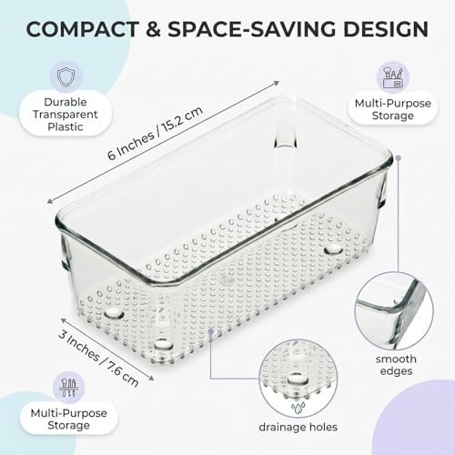 Zeinwap Desk Drawer Organizers Trays Set Clear Plastic Storage Bins Bathroom Drawer Tray Dividers Vanity for Bedroom Dresser Makeup Kitchen Utensil Office(4 Pc Long Med Tray), Transparent - Image 2