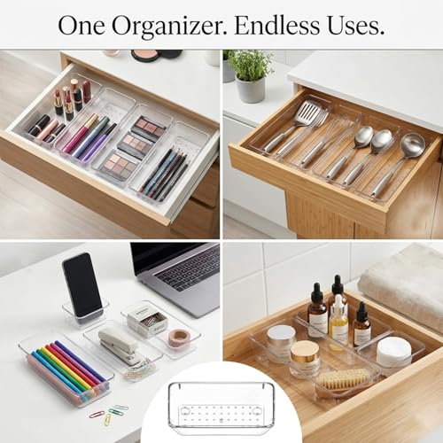 Zeinwap Desk Drawer Organizers Trays Set Clear Plastic Storage Bins Bathroom Drawer Tray Dividers Vanity for Bedroom Dresser Makeup Kitchen Utensil Office(4 Pc Long Med Tray), Transparent - Image 5