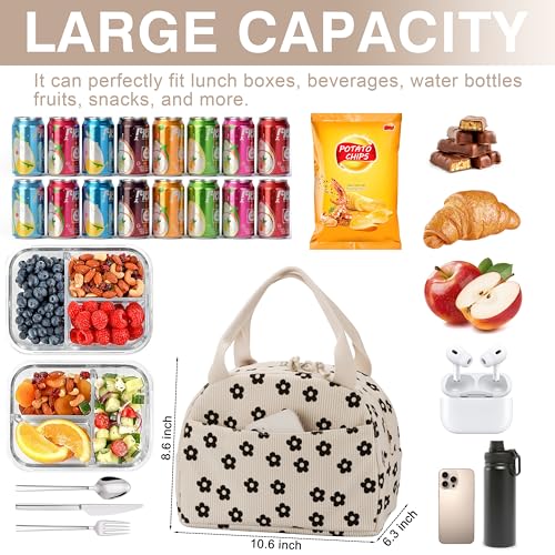 TESAFNG Lunch Bag Insulated Lunch Box for Women Reusable Large Capacity Cooler Bag for Adult Small Leakproof Cute Corduroy Lunch Tote for Work Office Travel Picnic Corduroy BlackFlower - Image 3