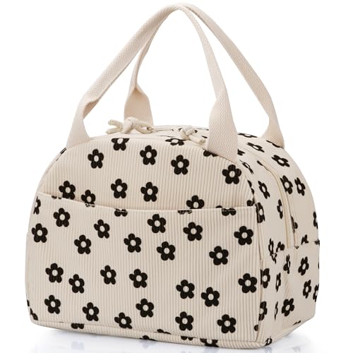 TESAFNG Lunch Bag Insulated Lunch Box for Women Reusable Large Capacity Cooler Bag for Adult Small Leakproof Cute Corduroy Lunch Tote for Work Office Travel Picnic Corduroy BlackFlower - Image 1
