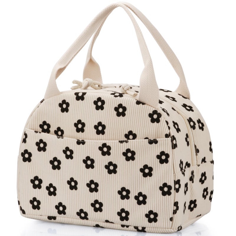 TESAFNG Lunch Bag Insulated Lunch Box for Women Reusable Large Capacity Cooler Bag for Adult Small Leakproof Cute Corduroy Lunch Tote for Work Office Travel Picnic Corduroy BlackFlower - Image 2